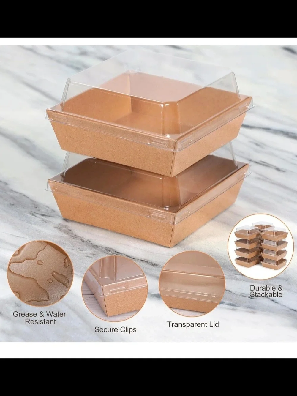 Disposable Kraft Paper Bakery Boxes with Clear Lids - BRAND NEW  50 Pcs